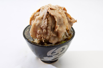 Ramen  noodles with delicious pork on white background