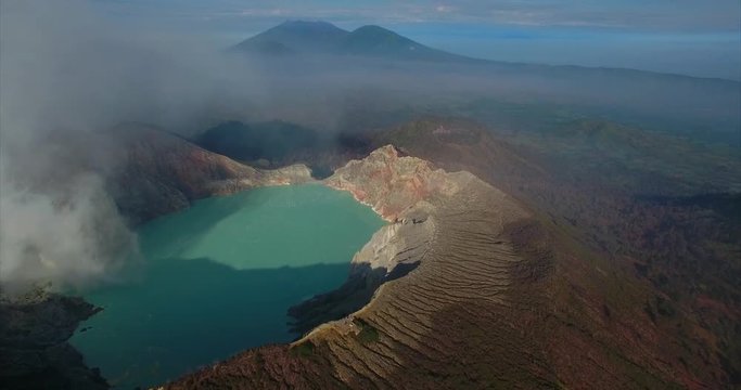 Beautiful footage volcano ijen indonesia java air drone lake 