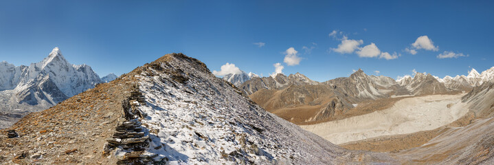 Panoramic view to the Nuptse Glacier and Ama Dablam peak from the top of the Chhukhung Ri - Everest...