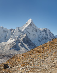 View of the top of the Ama Dablam (6814 m) from the slope of the Chhukhung Ri - Nepal, Himalayas