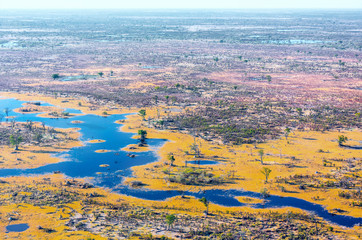 The endless swamp. Okavango delta (Okavango Grassland) is one of the Seven Natural Wonders of Africa (view from the airplane) - Botswana, South-Western Africa - 144923493