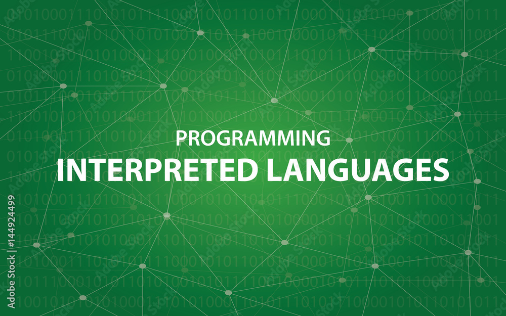 Poster programming interpreted languages concept illustration white text illustration with green constellat