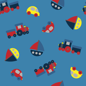 toy transport seamless pattern on a blue background