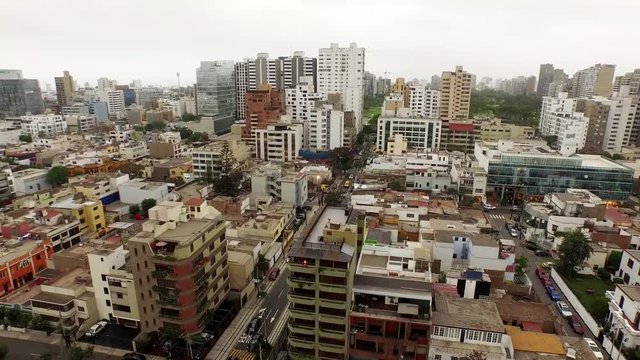 Aerial of LIMA, Peru with the skyline in Miraflores. South America. Aerial in 