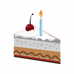 slice of birthday cake with beautiful cherry garnish and candles. vector illustration