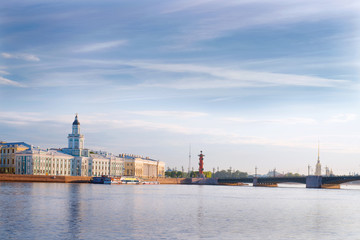 Neva river, Palace bridge and Kunstkamera museum (Cabinet of Curiosities) in St. Petersburg, Russia.