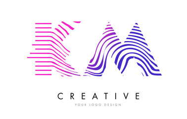 KM K M Zebra Lines Letter Logo Design with Magenta Colors