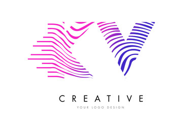 KV K V Zebra Lines Letter Logo Design with Magenta Colors