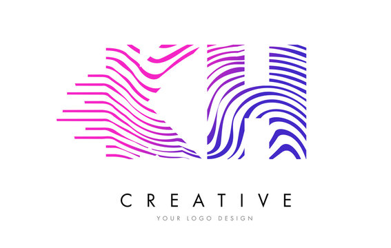 KH K H Zebra Lines Letter Logo Design with Magenta Colors
