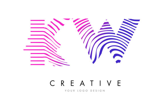 KW K W Zebra Lines Letter Logo Design with Magenta Colors