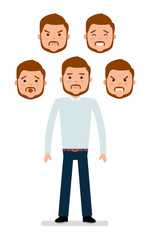 Young Manager in a shirt and trousers without a tie, with different facial expressions. Joy, sadness, anger, surprise, irritation. Man different emotions. Avatar icons. Flat vector illustration