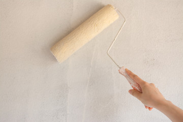 Close up woman hand painting color by roller brush.