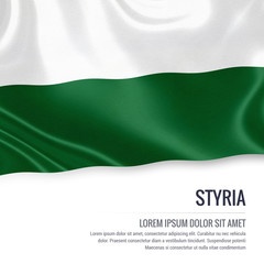 Flag of Austrian state Styria waving on an isolated white background. State name and the text area for your message.