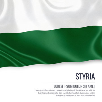 Flag of Austrian state Styria waving on an isolated white background. State name and the text area for your message.