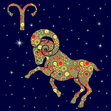 Zodiac sign Aries with variegated flowers fill over starry sky