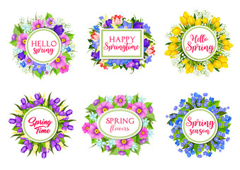 Vector flowers bouquets for Hello Spring quotes