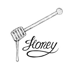 Hand drawn honey stick with drop. Vector sketch