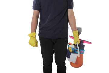 attractive man standing with cleaning service