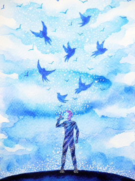 man and flying birds free, relax mind with open sky, abstract watercolor painting design illustration background