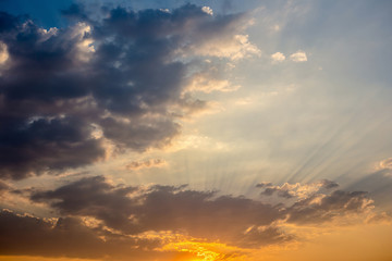 Colorful dramatic sky with cloud at sunset.Sky with sun background