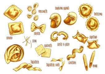Vector sketch icons of Italian pasta sorts variety
