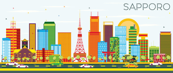 Sapporo Skyline with Color Buildings and Blue Sky. - obrazy, fototapety, plakaty