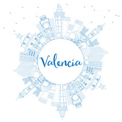 Outline Valencia Skyline with Blue Buildings and Copy Space.