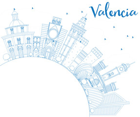 Outline Valencia Skyline with Blue Buildings and Copy Space.