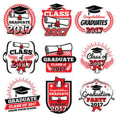 High school and college graduation, off to school vector logos and labels set