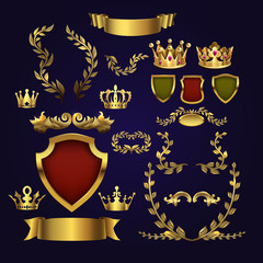 Golden vector heraldic elements. Kings crowns, laurel wreath and royal shield for 3d labels and badges