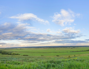 Panoramic view on Zhizdra River valley at evening twilight. Verkhnee Alopovo village, Kaluzhskaya region, Russia.

