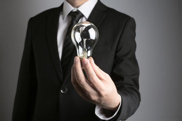 business man holding a bulb