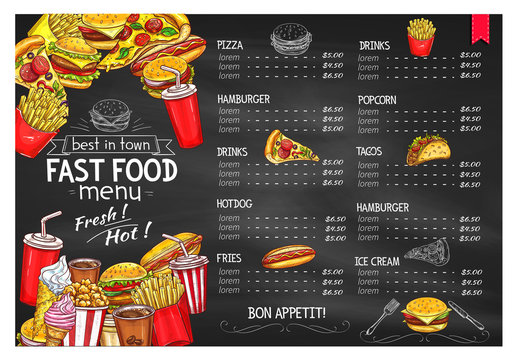 Vector price menu template for fast food meals