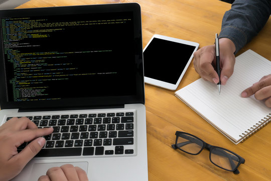 "Developer Team Working Laptop Computer Mobile Application Softwareand Web Design Online Technology Content , Web script , laptop display."
