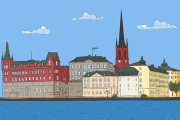 Fototapeta premium Old city landscape. Stockholm. Vector illustration
