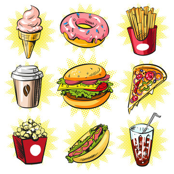 Vector pop art set of trendy fast food patches, badges