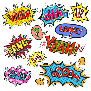 Vector pop art speech bubble set with abbreviations and signs