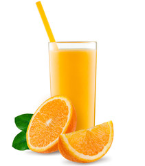 Isolated drink. Slices of orange fruit and glass of juice isolated on white with clipping path