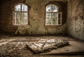 Broken bed, mattress in abandoned hospital and sanatorium Beelitz Heilstätten near Berlin, Beelitz, Germany