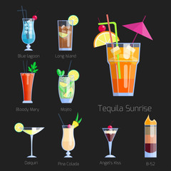 Set of alcoholic cocktails isolated fruit cold drinks tropical cosmopolitan freshness collection and party alcohol sweet tequila vector illustration.