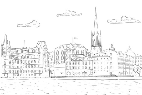 Old city of Stockholm, lake view. Hand drawn sketch