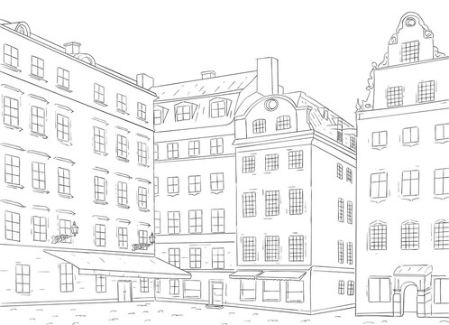 Stortorget Square In Old City Of Stockholm. Hand Drawn Sketch