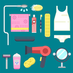 Bath equipment icons modern shower colorful illustration for bathroom interior hygiene vector design.