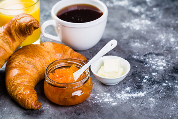 Breakfast - croissants, coffee, juice