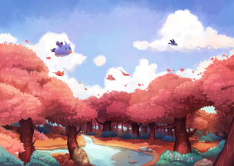 Naklejka premium A Tiny Bird Flying Above a Beautiful Forest in the Morning. Video Game's Digital CG Artwork, Concept Illustration, Realistic Cartoon Style Background 
