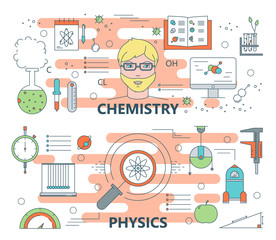 Vector thin line flat design chemistry and physics concept banners