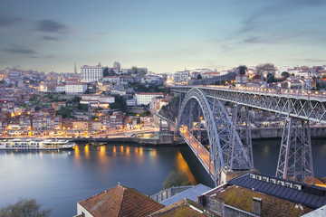 Porto old city and Douro river at night, Portugal