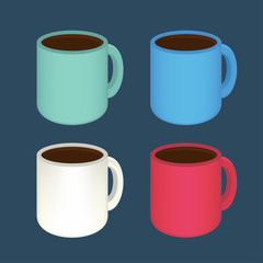 Set of colored mugs with coffee. Vector illustration