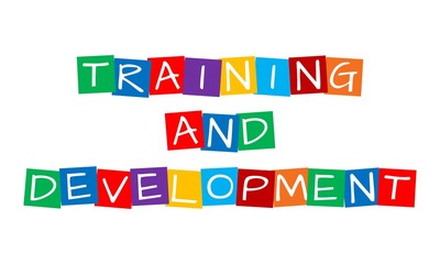 training and development, text in colorful rotated squares