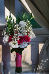 Beautiful modern wedding bouquet with pink lace
